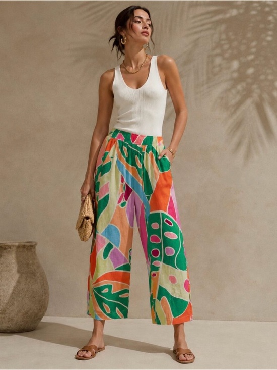 Christian Siriano Pants - Christian Siriano • 100% Linen Rainbow Abstract Leaf Print Pants